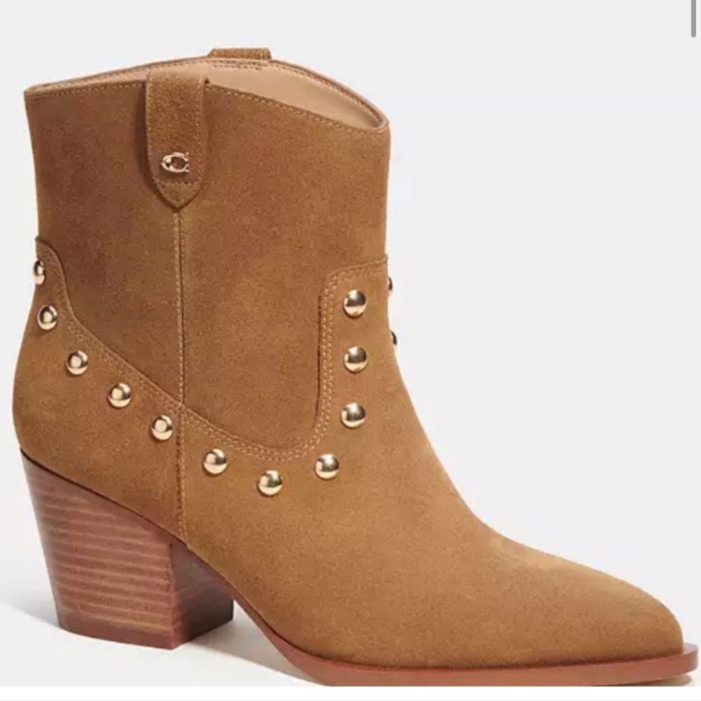 Brand New Coach Tan Suede Ankle Boots With Gold Studs